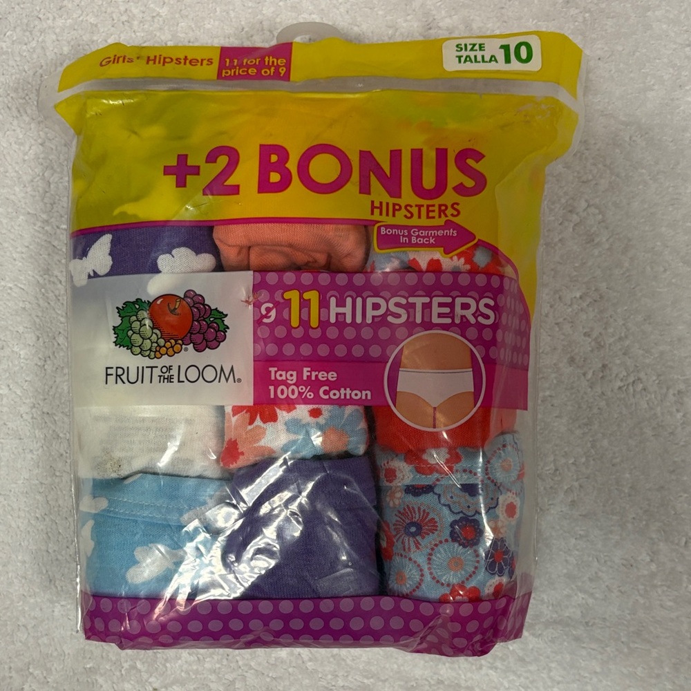 NWT Fruit of the Loom Girls' Hipsters 10 Pack with Bonus